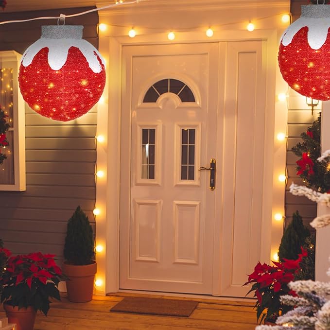 BRIGHTDECK Outdoor Christmas Ornaments, Lighted Pop-Up Outdoor Holiday Ball Decoration with 80 LED Lights, 8 Light Modes, Lighted Collapsible Holiday Decorations for Yard, Home (Red)