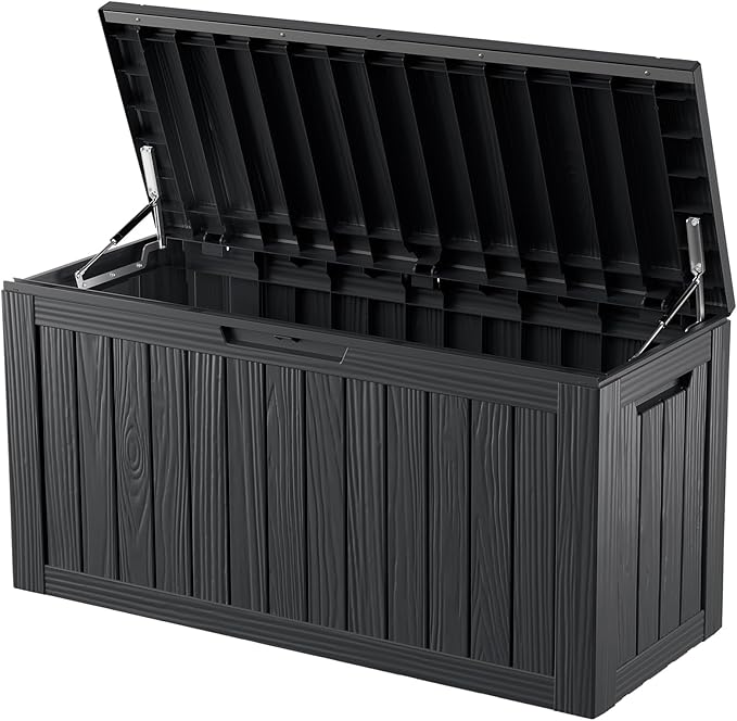 80GAL Black Outdoor Deck Box with Lockable Lid – Waterproof, SGS - Certified UV Resistance, Spacious Storage for Patio Cushions, Pool Accessories & Gardening Supplies, Easy Assembly