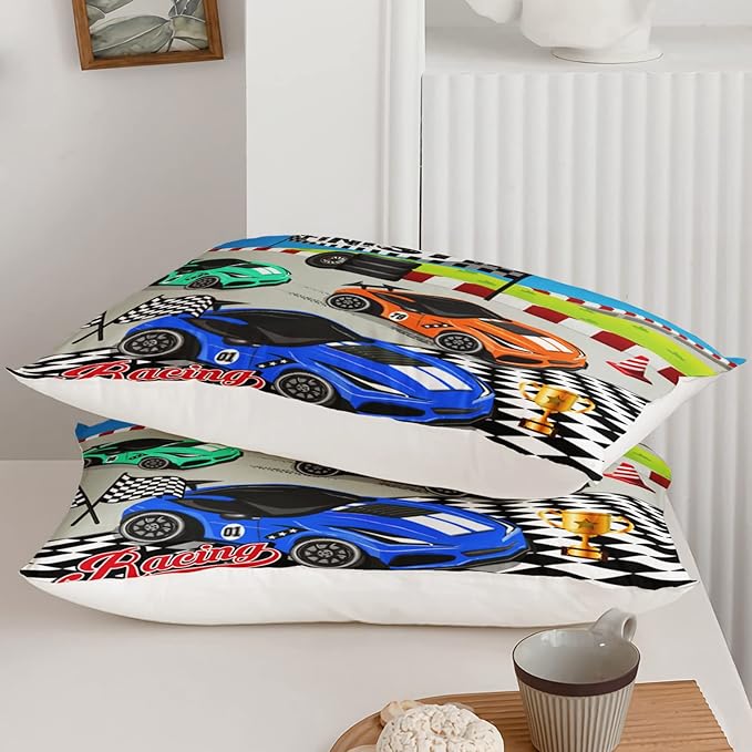 Axolotl Racing Car Bedding Set Queen,Cool Speed Race Car Down Comforter for Kids Boys Girls Teens,Racing Car Comforter Set Car Theme with Three Cars Arrive at Finish,1 Comforter and 2 Pillowcases