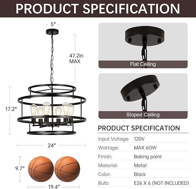 24" Black Chandelier, 6-Light Farmhouse Pendant Light Fixture with Geometric Metal Frame, Modern Industrial Ceiling Hanging Light for Dining Room, Living Room, Bedroom, Kitchen Island, Hallway, Foyer