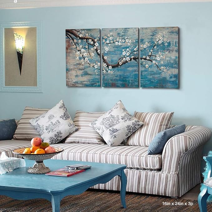 amatop Wall Art for Living Room 100% Hand-Painted Flower Oil Painting On Canvas Gallery Wrapped Large Framed Floral Plum Blossom Tree Teal Blue Artwork for Home Bedroom Decor 48"x24"