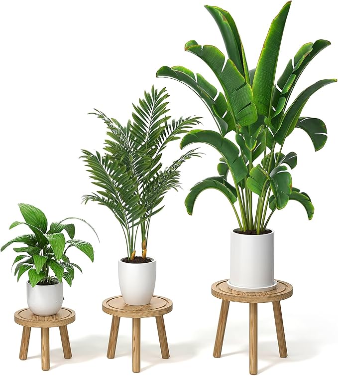 3-Pack Wood Plant Stands Indoor, Single Plant Stand for 6-12 Inch Pots, Mid-Century Modern Plant Stool, Tall Plant Stand for Large Plants for Living Room, Balcony, Office (Light Brown