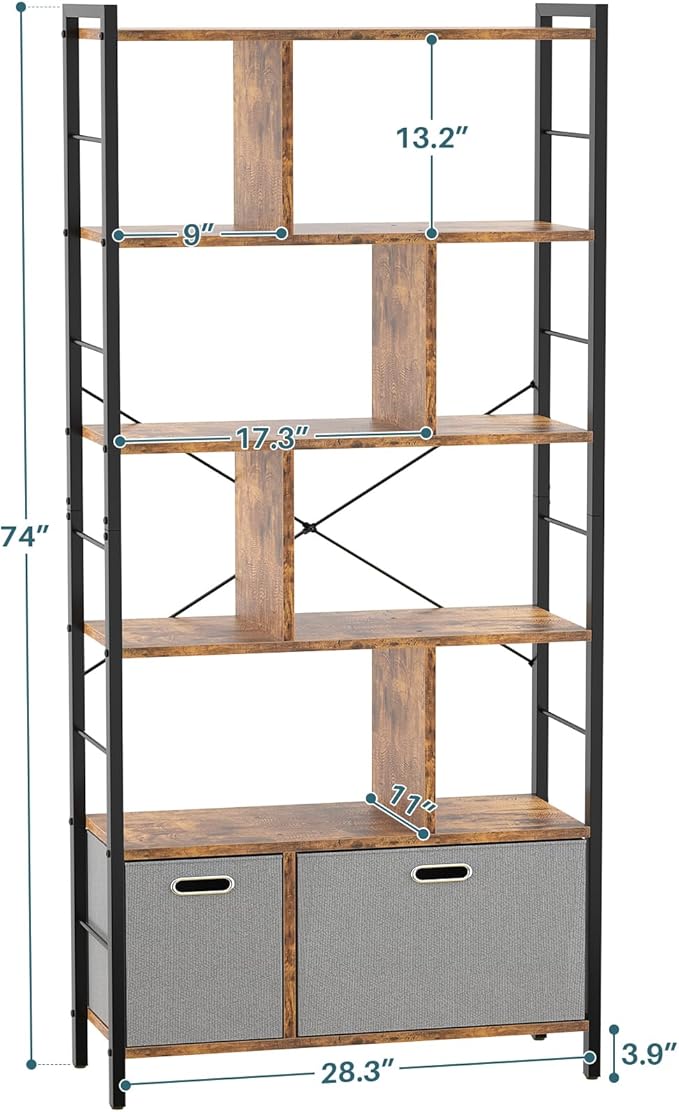 74 Inch Tall Bookshelf, 6 Tier Bookcase with Drawers, Modern Book Shelf Display Standing Shelf Units with Storage, Wood and Metal Bookshelves for Living Room, Bedroom, Home Office, Rustic Brown