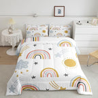 Rainbow Comforter Set for Girls, Sun and Stars Bedding Set King for Kids Boys Children Cartoon Cloud Bedding Comforters Girly Soft Microfiber Duvet Insert for Bedroom Decor, Rainbow Gifts For Kids