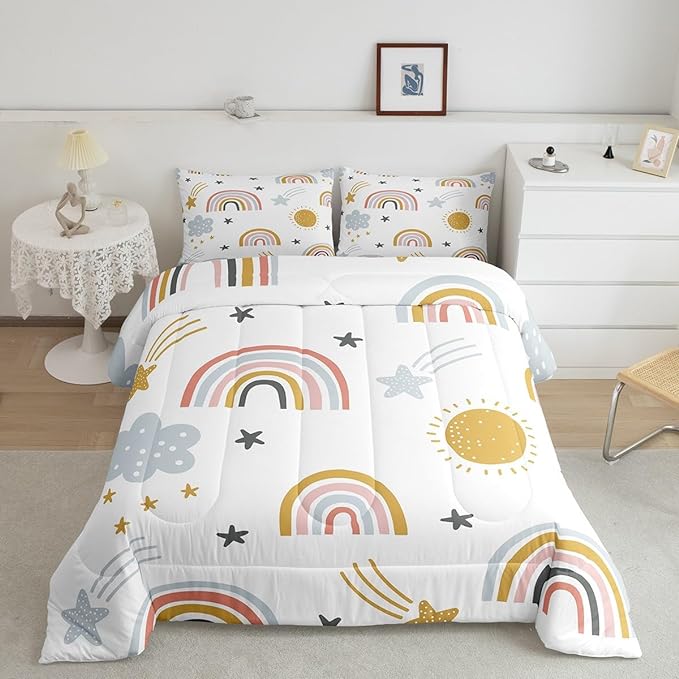Erosebridal Girls Rainbow Bedding Set, Sun and Stars Comforter Set Full Size for Kids Boys Children Cartoon Style Cloud Bedding Comforters Girly Soft Microfiber Duvet Insert for Bedroom Decor