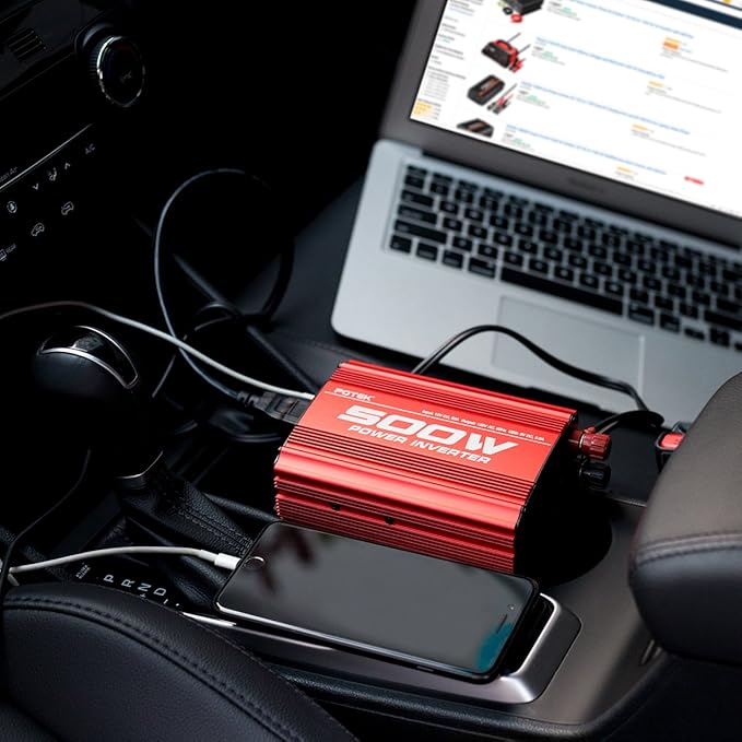 POTEK 500W Car Power Inverter DC 12V to AC 110V with 2AC outlets and 2A USB Port