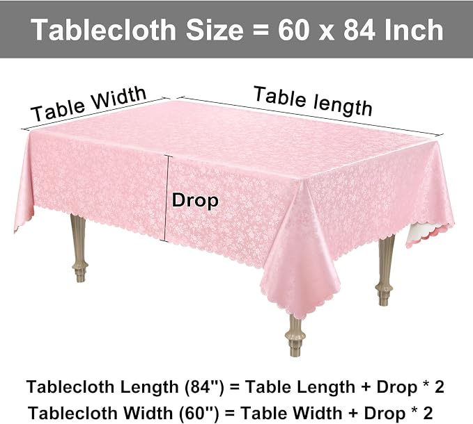 Smiry Rectangle Waterproof Heavy Duty Vinyl Tablecloths, 60 x 84 Inch | Wipeable Washable Floral Embossed Table Cover for Kitchen and Dining Room, Indoor & Outdoor Use, Pink