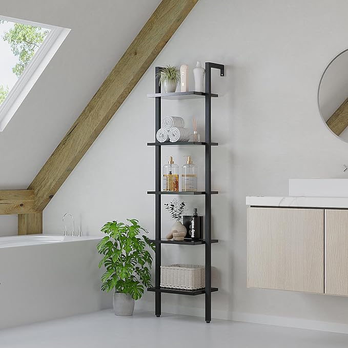 YMYNY 5 Tiers Narrow Ladder Bookcase, Industrial Wall Mounted Bookshelf, Open Display Rack with Metal Frame, Wooden Storage Shelves for Bedroom, Home Office, Living Room, Black, 70*17.3*11.8"UHBC015B