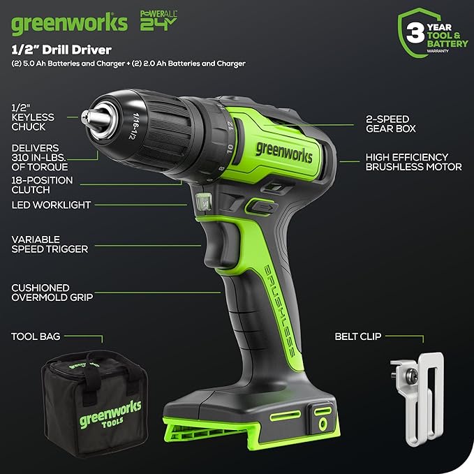 Greenworks 48V (2x24V) 17" Brushless Mower+12" String Trimmer+320CFM Blower+310 in./lbs Drill Driver, (2) 4.0Ah Batteries and (2) 2.0Ah Batteries, 2A Dual Port Charger