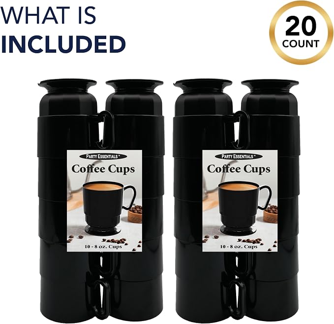 Party Essentials 8-Ounce Hard Plastic Coffee Cup/Tea Mug with Handle, 20-Count, Deluxe Black