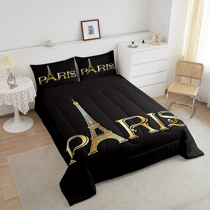 Erosebridal Eiffel Tower Comforter Set, City Building of Paris Bedding Set Full Size, Gold Black Duvet Sets for Kids Boys Girls Teens Bedroom, Soft Microfiber Bedding Comforters with 2 Pillow Cases