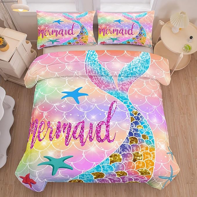 NINENINE Mermaid Comforter 5PCS Full Size Bedding Sets for Girls, Princess Comforter Sets for Girls, Glitter Bedding Set for Girls (1Comforter, 1Flat Sheet, 1Fitted Sheet, 2Pillowcases)