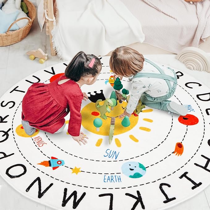 ABC Kids Rug,4 ft Washable Nursery Rug,Soft Plush Educational Circle Rug,Non-Slip Solar System Alphabet Rug for Classroom playroom Bedroom Kids Room Decor