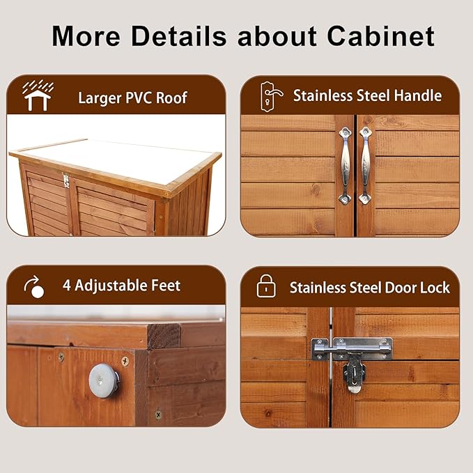Outdoor Storage Cabinet, Wood Garden Shed, Pool Storage Shed with Lockable Door, Waterproof Roof and 2 Removable Shelves, Vertical Outside Storage Shed for Patio, Backyard and Lawn, Oak Brown