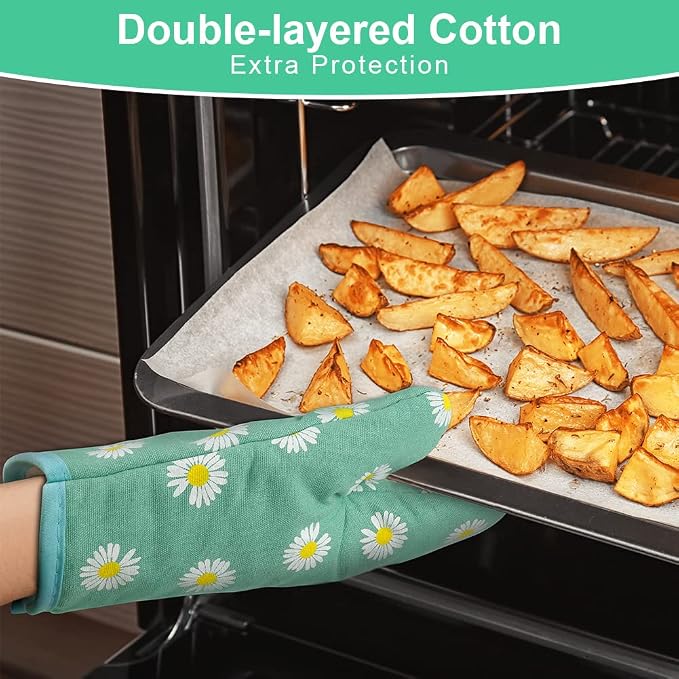 AUAUY Oven Mitts and Potholders, BBQ Gloves Heat Resistant, 1 Pair Oven Mitts and 2 Pot Holders, Cotton Non-Slip Cooking Gloves Home Essentials for Cooking Baking Kitchen Microwave Pizza (Daisy-Green)