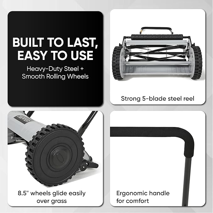 16" Push Reel Lawn Mower – Manual 5-Blade Hand Mower with Adjustable 3-Position Cutting Height (0.5"–1.75") – Lightweight, Eco-Friendly, Steel Blades – 2-Year Warranty