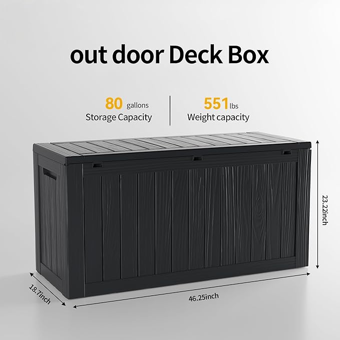 80GAL Black Outdoor Deck Box with Lockable Lid – Waterproof, SGS - Certified UV Resistance, Spacious Storage for Patio Cushions, Pool Accessories & Gardening Supplies, Easy Assembly