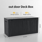 80GAL Black Outdoor Deck Box with Lockable Lid – Waterproof, SGS - Certified UV Resistance, Spacious Storage for Patio Cushions, Pool Accessories & Gardening Supplies, Easy Assembly