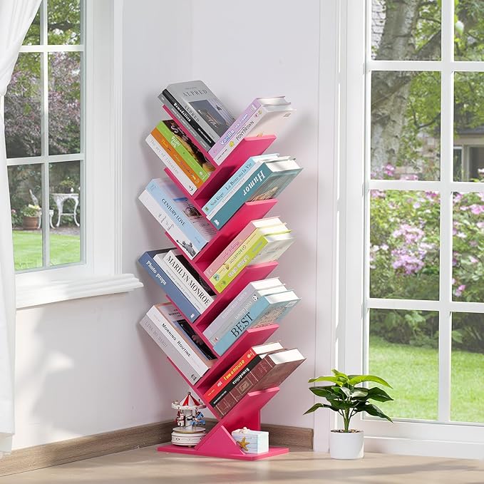 10 Tier Tree Book Shelf, Floor Standing Wood Bookshelf for Narrow Space, Storage Organizer Bookshelves for Books/CDs/Magazine, Bookcase with Shelves for Home Office, Living Room - Pink