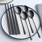 Buyer Star 4 Set Spoon Chopsticks, Black Reusable Metal Stainless Steel Korean Chopstix Spoon Set
