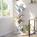 Topfurny Tree Bookshelf, 9-Tier Shelf Rustic Brown Bookcase, Retro Wood Storage Rack for CDs/Movies/Books, Anti-Fall Utility Organizer Shelves for Living Room, Bedroom, Home Office, White