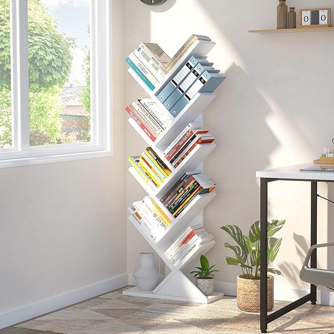 Topfurny Tree Bookshelf, 9-Tier Shelf Rustic Brown Bookcase, Retro Wood Storage Rack for CDs/Movies/Books, Anti-Fall Utility Organizer Shelves for Living Room, Bedroom, Home Office, White