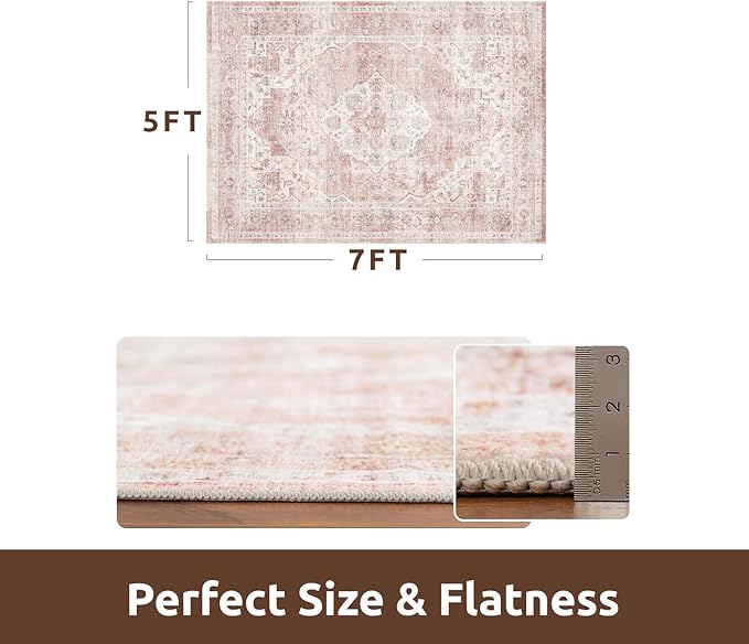 AMOAMI-Area Rug 5X7 Rugs for Living Room-Vintage Soft Pink Rugs for Bedroom-Non Slip Carpet-Machine Washable Rug for Dining Room Living Room Bedroom Office Under Table