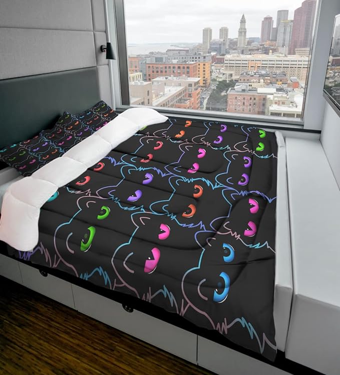 Sunnycitron Cartoon Cat Bedding Cute Cat Comforter Twin Black Cat Comforter set Gradient Line Cat Quilt 3D Neon Cat Bed set Black Cat Bedding set for Teens Kids Boys Girls Adults