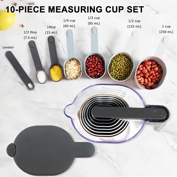 11-Pc Measuring Cups and Spoons Set, Stackable with Lids, Green | 1 adjustable spoon and 1 lid, 9 stackable cups and spoons, BPA-free and dishwasher safe, perfect for cooking and baking