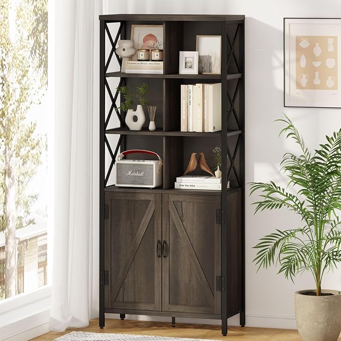 FATORRI Bookshelf with Doors, Rustic Wood Bookcase with Cabinet, Industrial Tall Cubby Book Shelf and Cube Organizer Shelf for Living Room (Walnut Brown)