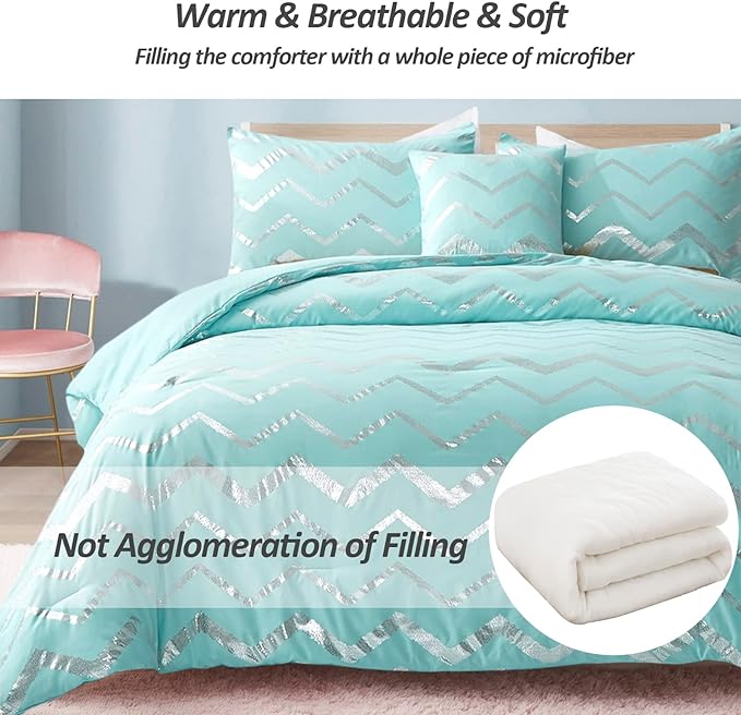 Aqua Comforter Set King Size, Metallic Teal and Silver Bedding Set, 4 Piece Lightweight Microfiber Comforter for Teen Girls Women (2 Pillow Shams + 1 Decorative Pillow Sham)