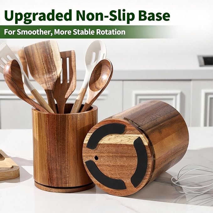 Wood Utensil Holder, 360° Rotating 7.3 in Kitchen Organizer | Rustic farmhouse countertop decor. 360° rotating base holds spatulas, ladles, tongs, and cooking tools. Rich cherry finish