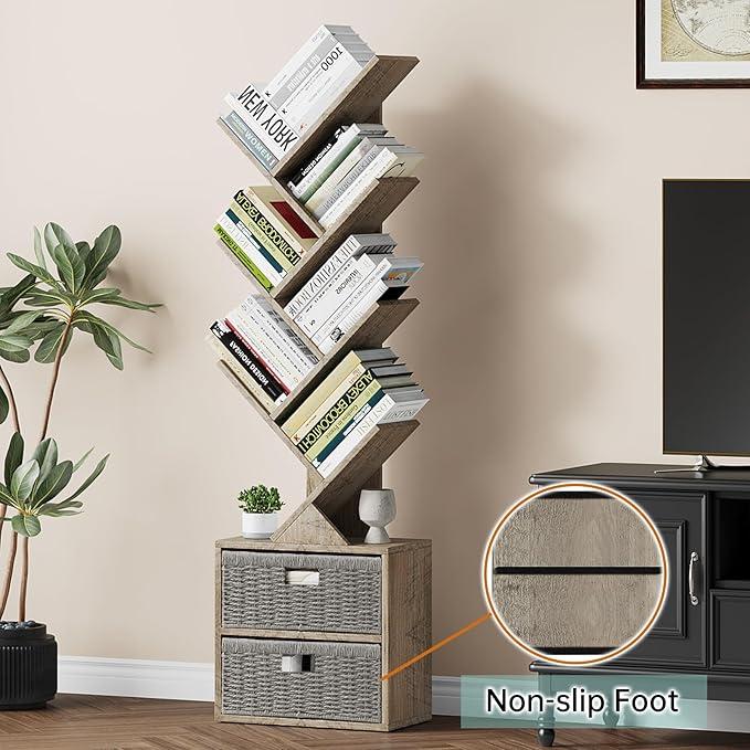 Vagusicc 6 Tier Tree Bookshelf, Modern Floor Standing Bookcase with Storage Drawer, Space Saving Storage Organizer Book Shelves for Books, Tall Wood Storage Rack for Bedroom/Living Room/Home Office
