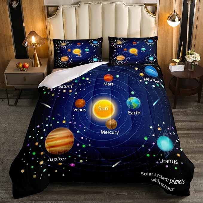Erosebridal Kids Outer Space Comforter Set, Boys Starry Sky Galaxy Duvet Sets Twin Size Planet Space Down Comforter for Girls Teens Adult Bedroom Decor, Solar System Cosmos Bedding Set, Blue Purple