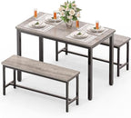 Dining Table Set for 4, Kitchen Table with 2 Benchs, Grey | Modern Functional 3 Piece Space-Saving Dining Room Table Set for Apartment, Breakfast Nook, Small Space