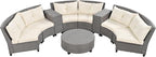 9 Pieces Outdoor Furniture Half Moon Wicker Patio Sets with Coffee Table, All-Weather Fan-Shaped Curved Sectional Sofa Couch with Beige Cushions, Onesize, Gray Rattan