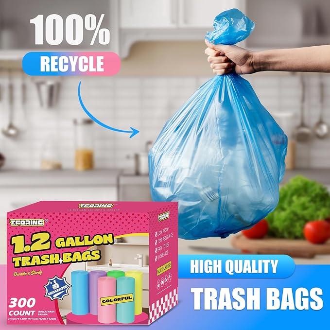 300 Count 1.2 Gallon Trash Bags - 4.5 Liter Colored Small Garbage Bags Unscented Mini Can Liners Leakproof & Tear Resistant for Bathroom, Office, Home