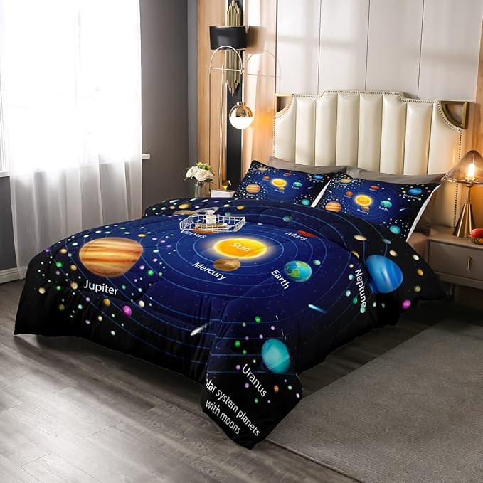 Erosebridal Kids Outer Space Comforter Set, Boys Starry Sky Galaxy Duvet Sets Queen Size Planet Space Down Comforter for Girls Teens Adult Bedroom Decor, Solar System Cosmos Bedding Set, Blue Purple