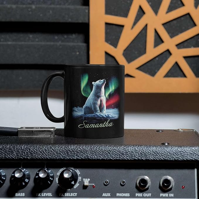 Custom Enchanted Arctic Landscape Design Cup, Customized Name Coffee Mug 11oz 15oz, Personalized Polar Bear And Northern Lights Ceramic Cup, Cute Polar Bear Black Mug, Gift For Her