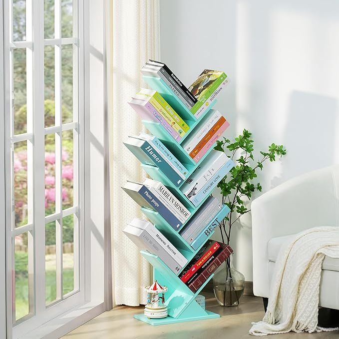 10 Tier Tree Book Shelf, Floor Standing Wood Bookshelf for Narrow Space, Storage Organizer Bookshelves for Books/CDs/Magazine, Bookcase with Shelves for Home Office, Living Room - Green
