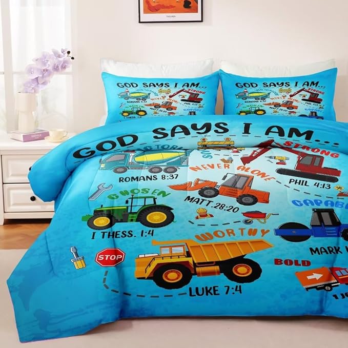 Boys Construction Vehicles Truck Comforter Set Queen,Christian Kids God Says I Am Construction Bedding Set,Car Excavator Tractor Bedroom Set（1 Comforter 2 Pillowcase） Blue