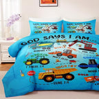 Boys Construction Vehicles Truck Comforter Set Full,Christian Kids God Says I Am Construction Bedding Set,Car Excavator Tractor Bedroom Set（1 Comforter 2 Pillowcase） Blue