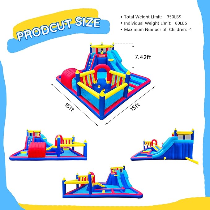 Inflatable Water Slide Park for Party Fun,15x15FT,Big Splash Pool,Long&Short Slides,Fun Crawl Tunnel,Basketball Hoop,GFCI Blower,Bounce Castle for Kids