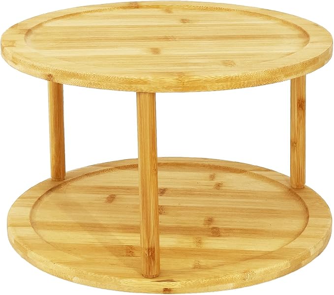 Wood Lazy Susan Organizer Bamboo 2-Tier Rotating Storage Rack – 360° Turntable Organizer for Kitchen, Spices, Cosmetics