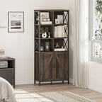 FATORRI Bookshelf with Doors, Rustic Wood Bookcase with Cabinet, Industrial Tall Cubby Book Shelf and Cube Organizer Shelf for Living Room (Walnut Brown)