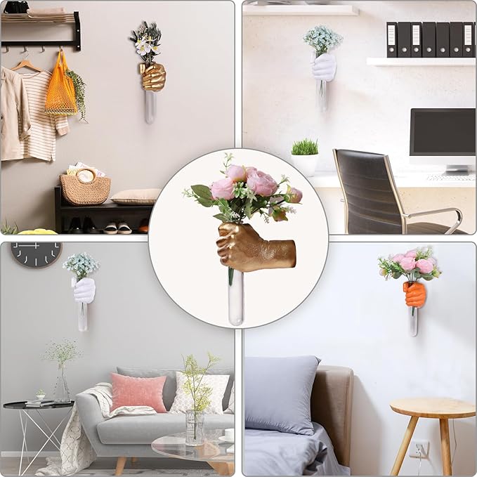 Gold Wall Sculptures, Hand Vases Home Decor, Wall Mount Art Sculpture, Unique Wall Art Statue, Funky Flower Vase Decorations, Modern Eclectic Hanging Decor,Glass Test Tube Vase