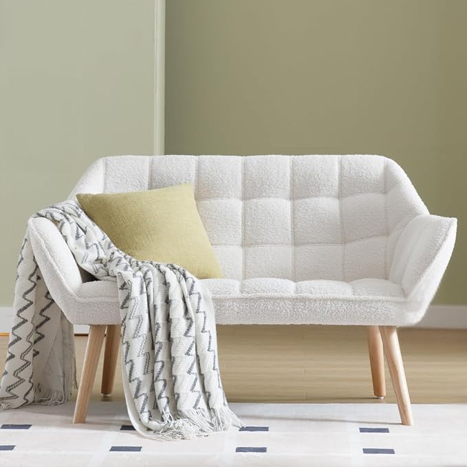 48”Small Loveseat Sofa, Modern Sherpa Upholstered Mini Couch 2-Seater Fluffy Love Seat with Quilting Backs and Wood Legs for Living Room, Bedroom and Small Space, White