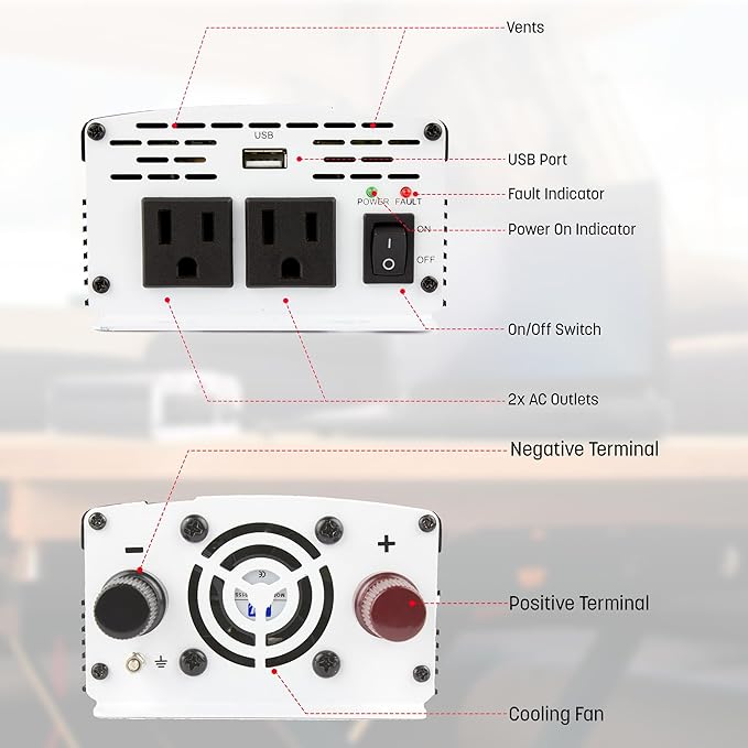 Wagan EL3718 800W Slim Line AC to DC Power Inverter 800W TrueRated Continuous 1600W Surge Power DC 12V to AC 110V Power Inverter with 2 AC Outlets and 2A USB Charging Port