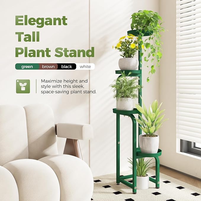 Bamworld Corner Plant Stand Indoor Outdoor, Tall Metal Flower Pot Stands for Multiple Plants, 4 Tier Green Heavy Duty Plant Shelf for Patio Garden Balcony Living Room Bedroom(Patent Design)