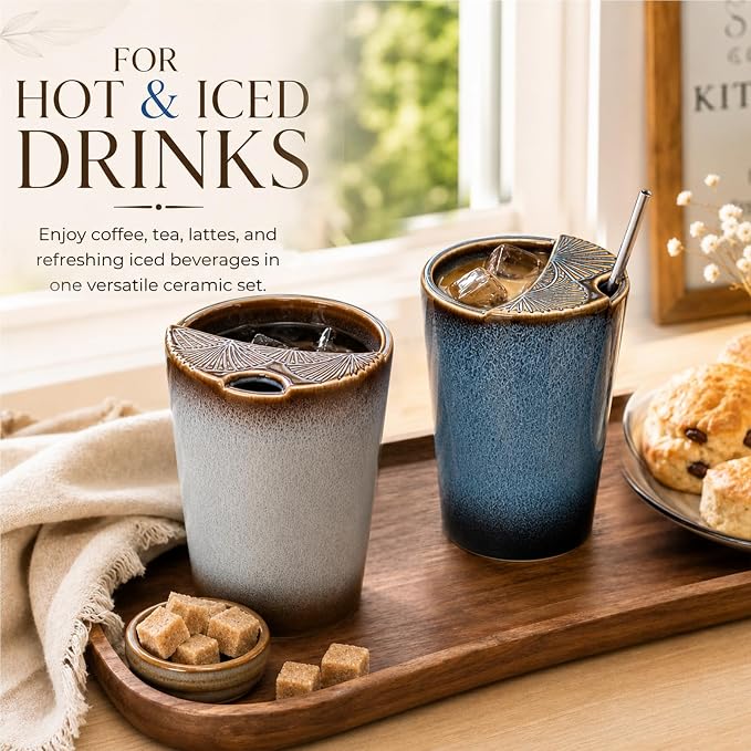 2 Pack Ceramic Coffee Mug with Sip Hole, Retro Espresso Cup 13 oz with 2 Straws and 2 Cleaning Brushes Ceramic Iced Coffee Tea Travel Mug Latte Cup for Kitchen Dining
